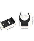 Heavy Duty 10 Pack Toe Kick Clips For Cabinet Leveler Legs With Snap On Plastic Brackets For 1 Inch Furniture Feet and Kitchen Plinth Skirting Board No Sweat Setup, showing sizes of black plastic clips.