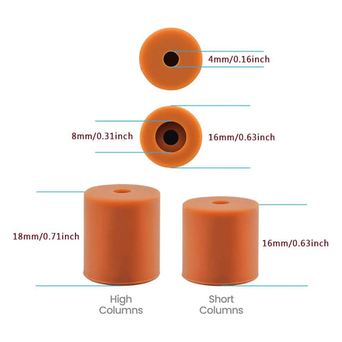 Image showing dimensions of Silicone Heatbed Leveling Columns For 3D Printers With Shock Absorption Mounts Built To Last Replacement Springs 8 Pack For Ender 3 V2 Pro And More High Temperature Durable. The columns measure 4mm inner diameter, 16mm outer diameter, and are available in heights of 18mm and 16mm.