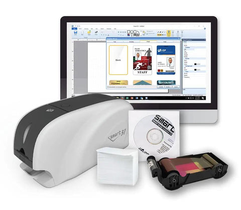 Smart-31 Simplex Id Card Printer Bundle With No Sweat Ezload Kit And Windows Software Includes Two Hundred Fifty Ymcko Ribbon Plus One Hundred Top Shelf Pvc Cards Straight Out The Box, with printer, software, and blank cards.