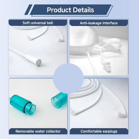 Product details of 2-In-1 Hydrogen Inhalation And Eye Care Mask, showing anti-leakage interface, soft bell, water collector, earplugs