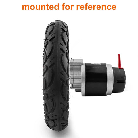 Side view of 24V 350W Unitemotor geared brush motor wheel with 17mm axle and red brake lever