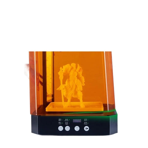 Top Tier 3D Printer Resin Wash And Cure Workstation Boasting Massive Cleaning Vat And Rapid Spin Disc with yellow 3D model inside.