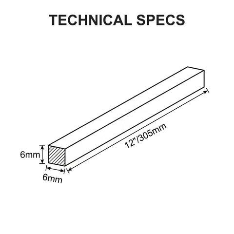 Technical drawing of 4 Piece Square Key Stock Set 6mm By 6mm By 12 Inch Cold Drawn 45 Steel For Shaft Keyways In Motors Machinery