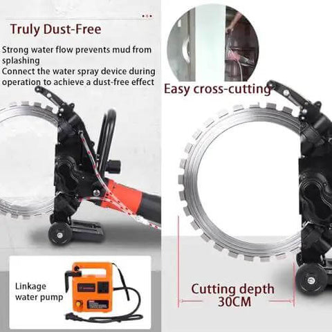 Heavy Duty Brushless Electric Concrete Circular Saw With Water Pump, 3000 Rpm High Speed Wet Cut Ring Tool for dust-free cutting.