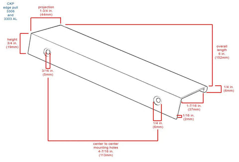 Diagram of 6 Inch Back Mount Finger Edge Pull Handle in Brushed Nickel, Lightweight Aluminum, 4 mounting holes, 1-3/4 in projection.