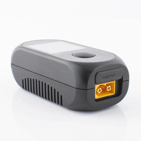 Pocket Size Ultra Compact RC Battery Charger With IPS Screen 80W 5A Portable Smart Charger On The Go For 1 To 4S LiPo Batteries USB C PD Quick Charge Field Ready Mini Charger For Drones And RC Cars, shown with XT60 output