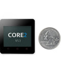 Core2 ESP32 IoT Development Kit V1.1 with dual core processor and 2.0 inch capacitive touch screen next to a coin for size comparison.