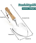 Oversized Garden Trowel With Sharp Stainless Steel Blade And Wood Handle For Transplanting Roots Digging And Potting In Indoor Or Outdoor Gardens A Rugged Rust Resistant Workhorse That Keeps Its Edge image showing product dimensions in centimeters and inches.