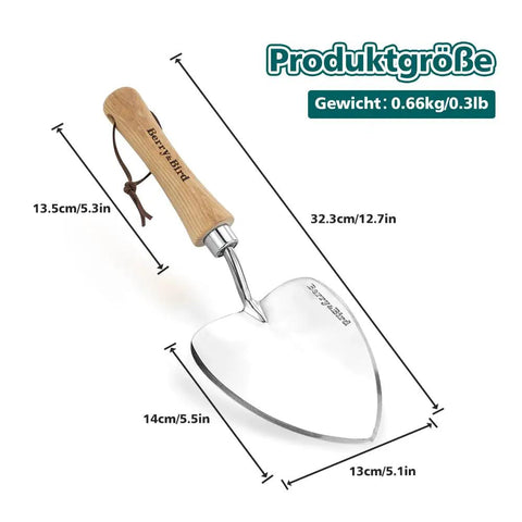 Oversized Garden Trowel With Sharp Stainless Steel Blade And Wood Handle For Transplanting Roots Digging And Potting In Indoor Or Outdoor Gardens A Rugged Rust Resistant Workhorse That Keeps Its Edge image showing product dimensions in centimeters and inches.