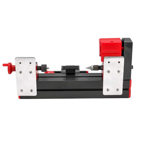 Super Cool Mini Metal Lathe Machine 12V 36W With Gong Bed For Tinkering, Woodworking, And Modelmaking side view with components