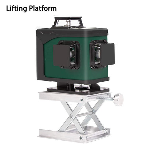 CALIDAKA lab scissor jack lifting platform on aluminum lift stand; green housing with black side panels