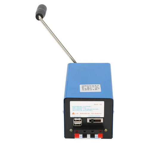 Portable Hand Crank Generator 20W USB Charging with blue casing, crank handle, USB ports, and control panel for emergency power.