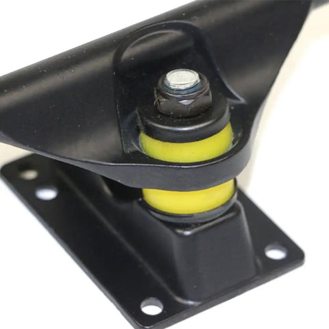 Pivot Tube Bushings Replacement Kit For Skateboards And Longboards, close-up on black and yellow tapered and shaped cushions in PU material