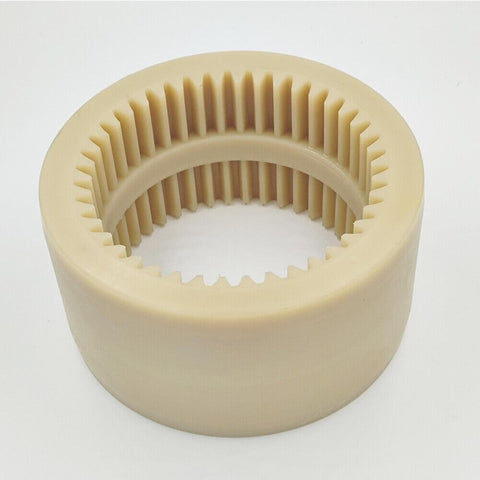 Two Piece M-65 Gear Coupling Sleeve For Flexible Shafts Nylon 132mm OD 42 Tooth 2 Pack Durable Sleeve Fit Compatible With Style Couplings Plug And Play Easy Install And Reliable Power Transfer visible in beige with a 42-tooth design.