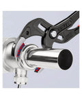 11 250 SBA 10 Inch Pipe And Connector Pliers With Soft Jaws gripping a smooth metal pipe, designed for aviation and automotive use.
