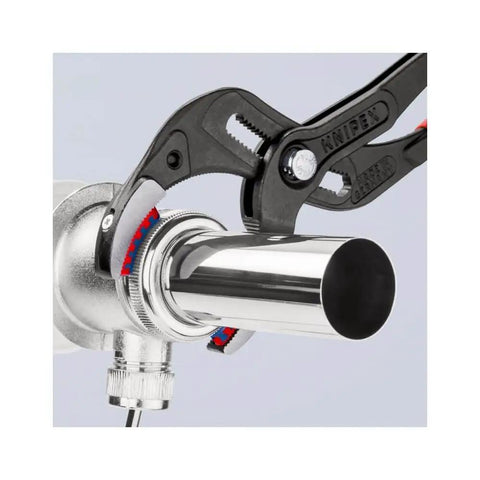 11 250 SBA 10 Inch Pipe And Connector Pliers With Soft Jaws gripping a smooth metal pipe, designed for aviation and automotive use.