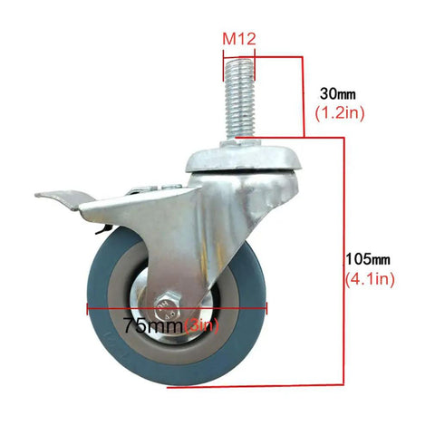 Top Tier Three Inch Rubber Swivel Casters Built Tough With A Premium Steel Core And Smooth As Butter 360 Degree Rotation dimensions showing M12 stem and wheel size.