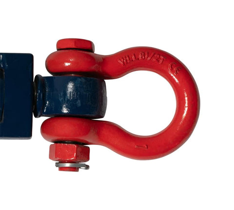 Close-up of a red shackle attached to a 8 Ton Snatch Block With Shackle Crane 6 Inch Sheave For Three Quarter To Seven Eighth Inch Wire Rope.