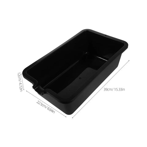 Rugged Auto Oil Drain Pan 6 Liter Plastic Basin For Engine Fluids Leak Cleanup With Ergonomic Handle And Durable Spout angled view showing dimensions and black design.