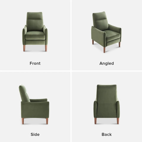 Arthur Recliner Chair With 3 Position Recline Olive Green Velvet High Back Padded Support Mid Century Modern Reading