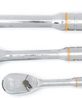 Three Piece Ratchet Set With 1 Quarter Inch 3 Eighth Inch And 1 Half Inch Drives, 90 Tooth Gear For A 4 Degree Swing, displayed horizontally