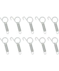 Pet cage door spring latch hooks, ten-pack; silver metal with top hook and bottom loop