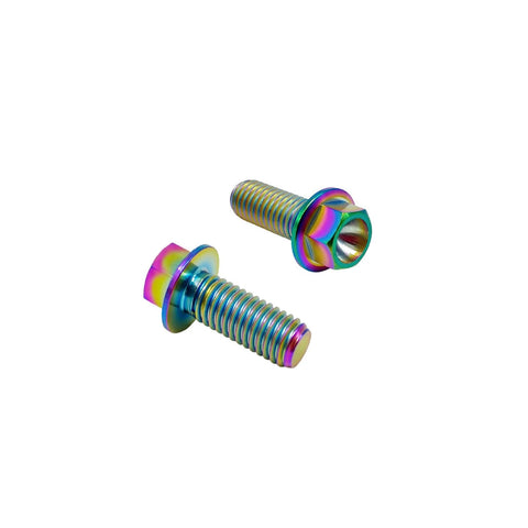 Rainbow titanium flanged hex bolts, M6x1.0x16mm, 6AL4V aerospace Ti, pack of 5, side and front views