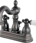 Oil Rubbed Bronze 4 Inch Centerset Bathroom Faucet With Drip Free Ceramic Disc Deck Mount 3 Hole Installation One Point Two GPM Flow At Sixty PSI One Half Inch IPS Connection Built Tough Brass Construction