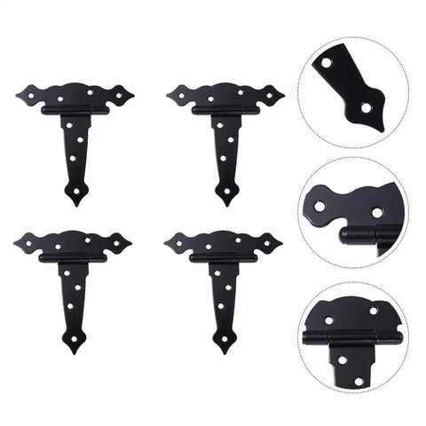 4 Pack Heavy Duty Iron Barn Door Strap Hinges With Matte Black Finish, showcasing pre drilled mounting for easy installation.