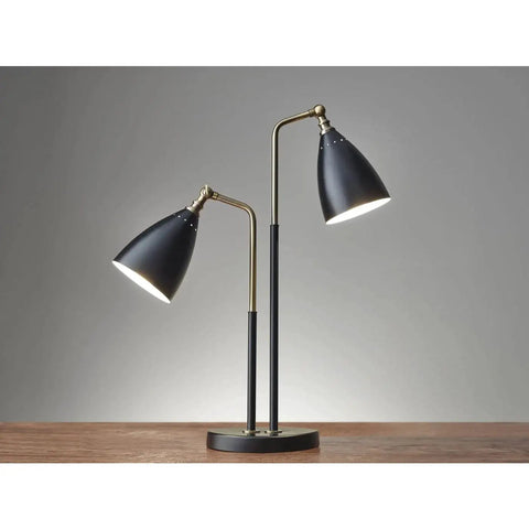 Transitional Table Lamp In Two Tone Black And Antique Brass With Adjustable Matte Black Cone Shades And Angled Arms Chelsea Collection