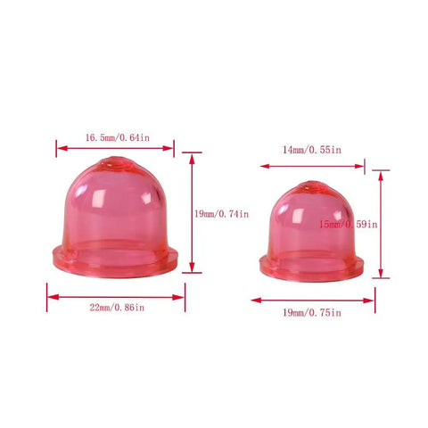 Visualization of two primer bulbs with dimensions, part of Pro Grade Fuel Line Hose Kit For 2 Cycle Small Engines Four Size Set