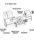 Diagram of High Speed Mini Metal Micro Lathe Machine For Precision Turning Projects 12V components and features.