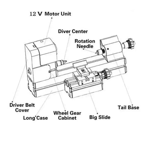 Diagram of High Speed Mini Metal Micro Lathe Machine For Precision Turning Projects 12V components and features.