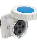 Heavy Duty IEC Pin And Sleeve Receptacle Tough As Nails 60 Amp Three Phase Water Tight Flanged Mount Industrial Connector With Shrouded Cap 250 Volt Ac Navy Blue opened view with blue cap