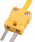 Front view of yellow plastic K-type surface temperature probe connector with screw terminals and blade leads.