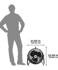 16 Inch High Velocity Drum Fan With Pivoting Head Turbo Power in front view, next to silhouette and dimensions.
