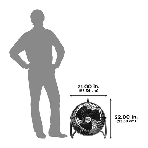 16 Inch High Velocity Drum Fan With Pivoting Head Turbo Power in front view, next to silhouette and dimensions.