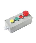 XNWKF cast aluminum push-button control box with four push-buttons (yellow, green, red, red mushroom) and cable gland