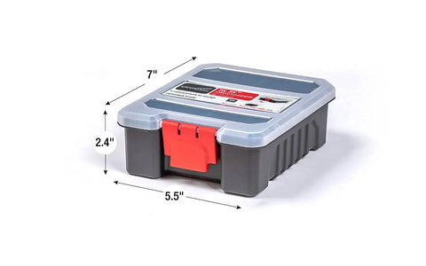 Three Piece Organizer Set With Removable Dividers One Medium And Two Mini Hardware Boxes For Screws Bolts Beads Tackle And Craft Supplies Durable Nylon Toolbox For Garage Shop Or Travel medium box with dimensions label