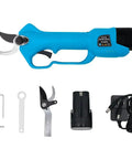 Top Notch Long Reach Cordless Pruner With Sixty Four Inch Pole And Smooth Operator Slicing Power For No Sweat Orchard Trimming And Backyard Garden Cleanup Sessions tool kit with pruner, tools, battery, and charger.