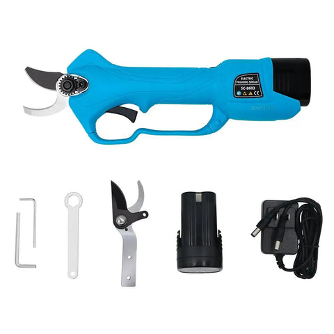 Top Notch Long Reach Cordless Pruner With Sixty Four Inch Pole And Smooth Operator Slicing Power For No Sweat Orchard Trimming And Backyard Garden Cleanup Sessions tool kit with pruner, tools, battery, and charger.