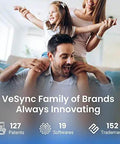 Family enjoying time together at home with VeSync Family of Brands Always Innovating text overlay, highlighting 127 patents and 19 softwares.