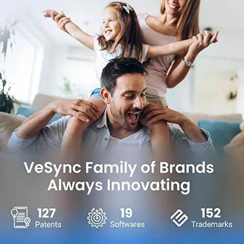 Family enjoying time together at home with VeSync Family of Brands Always Innovating text overlay, highlighting 127 patents and 19 softwares.