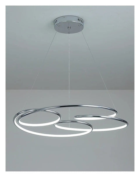 Sleek Modern Led Pendant Light For Kitchen And Office Featuring Minimalist Hanging Setup With Smooth Eye Friendly Warm Glow Low Wattage Efficiency That Creates A Killer Home Decor Vibe, showing chrome design with circular shapes.