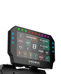 MOZA CM2 HD racing dash display with 5-inch touchscreen, 10 RGB shift indicators and 6 flag lights mounted on a sim rig
