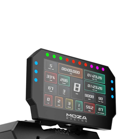 MOZA CM2 HD racing dash display with 5-inch touchscreen, 10 RGB shift indicators and 6 flag lights mounted on a sim rig