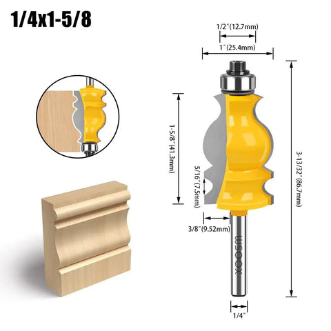 Master Slick Woodwork With This Killer Architectural Molding Router Bit Set Boasting Three Classic Profiles And A Secure Quarter Inch Shank Ideal For Hella Fast Furniture Crafting And Cabinetry Work Needing Pro Level Precision No Setup Hassle, detailed illustration of a quarter inch router bit with dimensions.