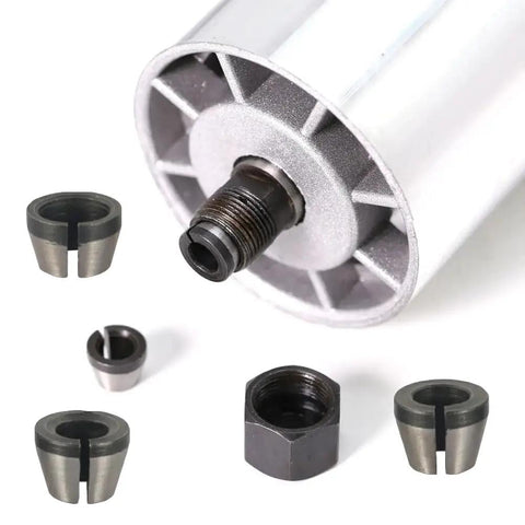 Three Piece Wood Router Collet Adapter Kit With Nuts For Flush Trim Router Bits 6mm 6.35mm And 8mm Shanks Replacement Collet Chuck Adapters Pro Grade Durable Carbon Steel Construction For Fixed Base Routers, showing adapters and nuts.