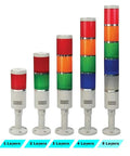 Industrial AC 110V LED Stack Light With 90dB Buzzer Alarm, showing 1 to 5-layer signal towers, detachable modules, shop floor use.