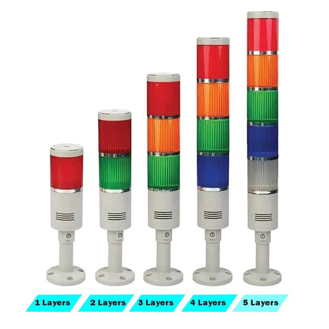 Stack Light Tower With Flash LED 24V DC Industrial Warning Light With 90dB Buzzer Alarm, five models, each with 1-5 layer modules.
